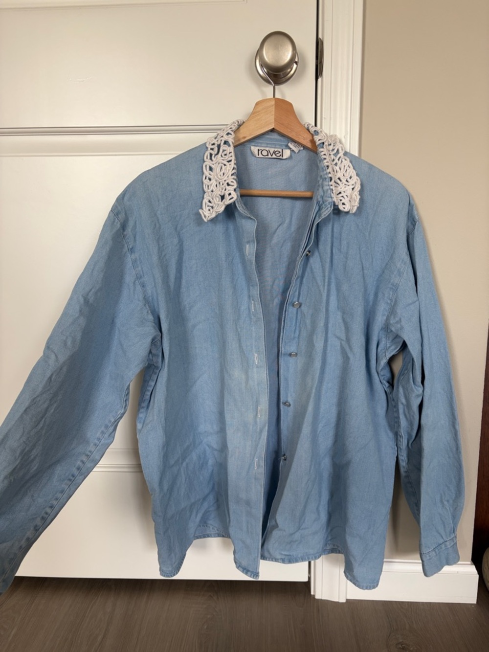 ravel Light Blue Button-Down Shirt with White Crochet Collar